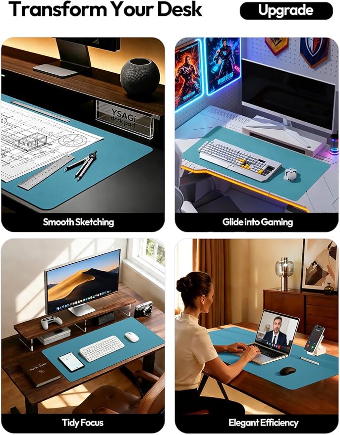 YSAGi Leather Desk Pad Protector, Office Desk Mat, Large Mouse Pad, Non-Slip PU Leather Desk Blotter, Laptop Desk Pad, Waterproof Desk Writing Pad for Office and Home (Turquoise,47.2" x 23.6") - Image 2