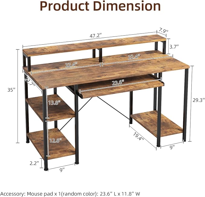 VERMESS 48Inch Computer Desk, Home Office Desks with Keyboard Tray, Gaming Desk with CPU Stand Shelf,Industrial Study Table Wide Writing Desk with Storage Shelves for 2 Monitors, Rustic Brown - Image 3