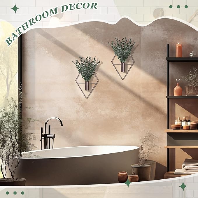 Jexine 8 Pcs Hanging Planters with Artificial Eucalyptus Metal Hanging Vase Indoor Plants Holder Modern Geometric Boho Bathroom Wall Decor for Living Room Home Office, Bronze - Image 7