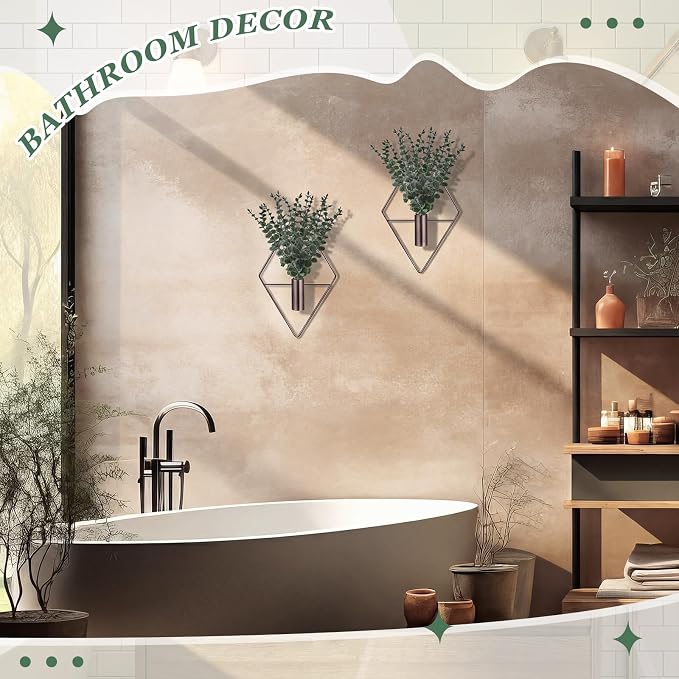 Jexine 4 Pcs Hanging Planters with Artificial Eucalyptus Metal Hanging Vase Indoor Plants Holder Modern Geometric Boho Bathroom Wall Decor for Living Room Home Office, Bronze - Image 7