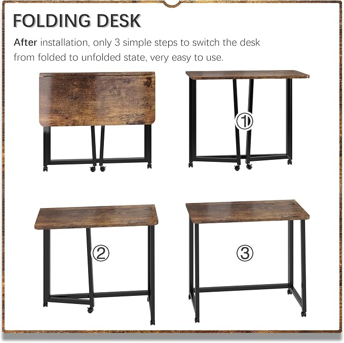 4NM 31.5" Mobile Small Folding Desk, Foldable Rolling Computer Home Office Desk, Study Writing Table for Small Space Saving Bedroom, with Wheels - Rustic Brown and Black - Image 6
