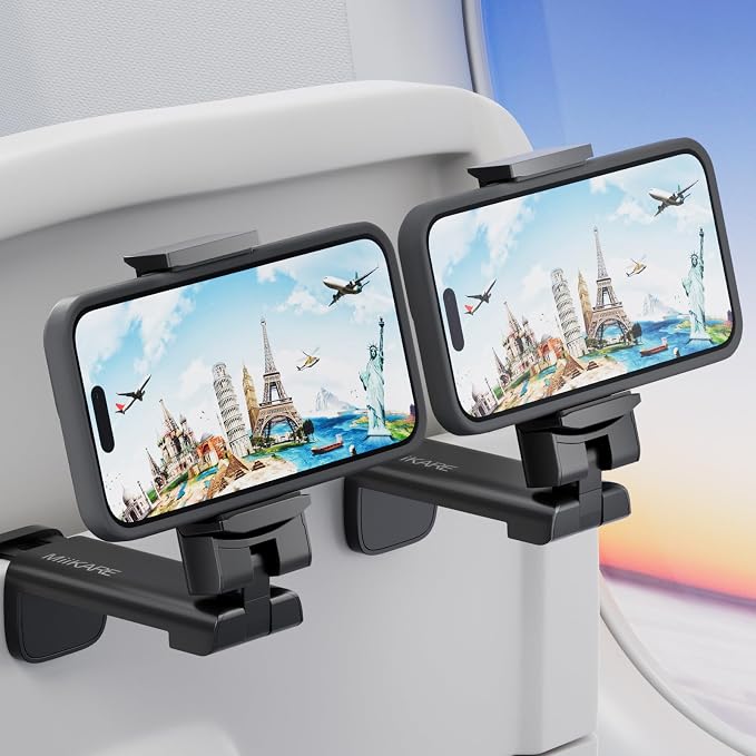 MiiKARE Travel Essentials Airplane Phone Holder, Universal Handsfree Phone Mount for Flying with 360 Degree Rotation, Travel Must Haves Phone Stand for Desk, Tray Table, Black&Black by MiiKARE