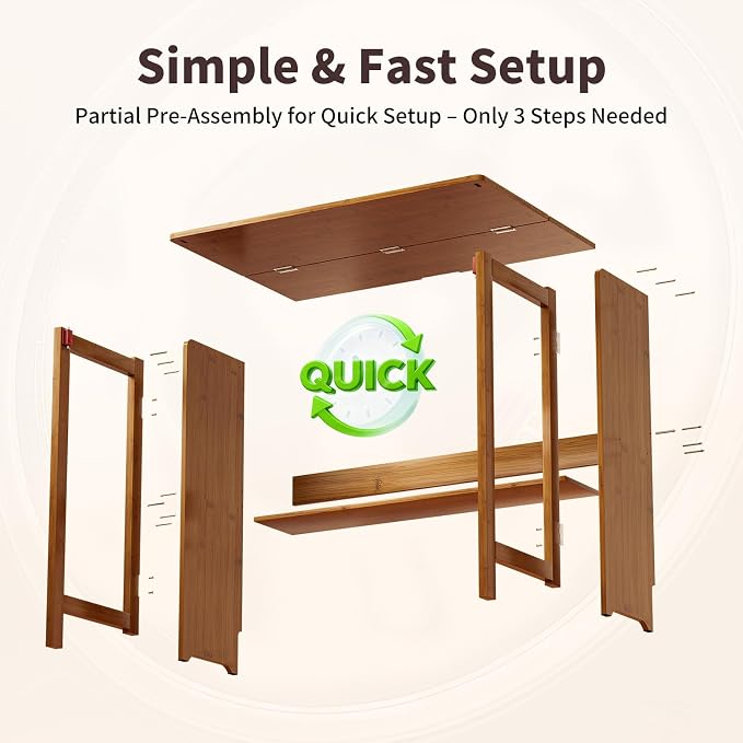 Folding Desk for Small Spaces, Bamboo Foldable Desk with Storage, Brown | Small Computer Desk with Bookshelf, Mid Century, Fold Out，Compact Size, for Bedroom, Living Room, Apartment, Home Office - Image 8