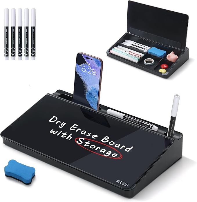 SELEAD Desktop Glass Whiteboard with Storage, Small Dry Erase White Board Computer Pad Keyboard Stand for Home, School, Office Desk Accessories - Black by SELEAD