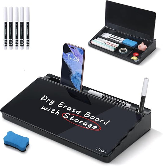 SELEAD Desktop Glass Whiteboard with Storage, Small Dry Erase White Board Computer Pad Keyboard Stand for Home, School, Office Desk Accessories - Black by SELEAD