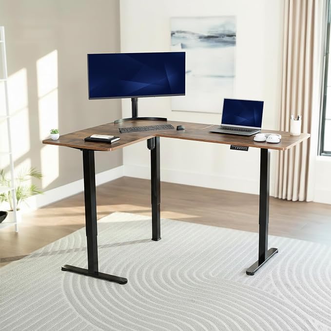 VIVO Vintage Brown 63 x 47 in Corner Standing Desk, DESK-E3CTN-47 | Electric, Reversible L-Shaped Table, Sit Stand, Height Adjustable, Memory Controller, Office Furniture Sets, Black Frame - Image 2