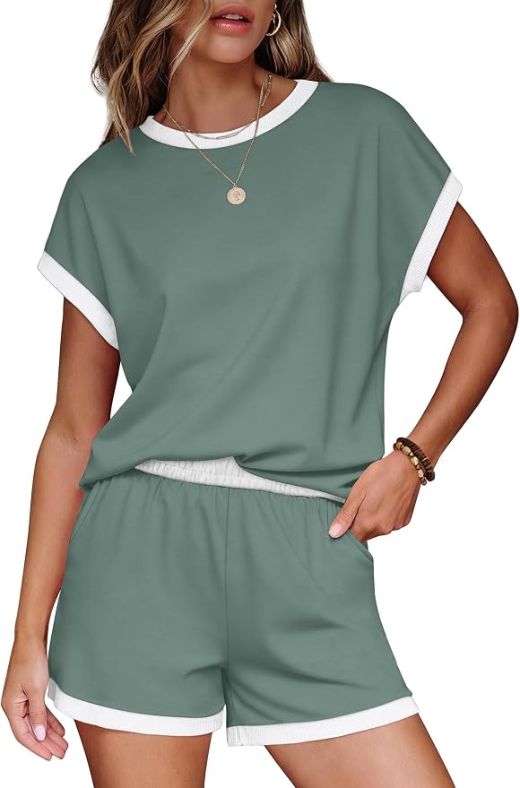 WIHOLL Two Piece Sets for Women Summer Lounge Short Sets Cap Sleeve Crew Neck Sweatsuit with Pocket XS-2XL - Image 2