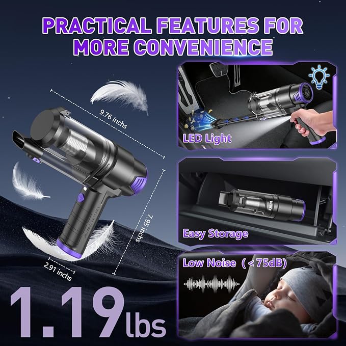 KMM Handheld Car Vacuum Cleaner, 16000PA Air Duster & Vacuum Cleaner, 120W High Power Hand Held Vacuum Cordless, Portable Vacuum Rechargeable with Multi-Nozzles & LED Light for Car, Home, Pet, Office - Image 7