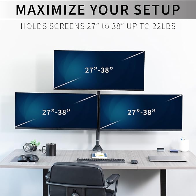 VIVO Premium Triple Ultra Wide LCD LED 27 to 38 inch Monitor Desk Mount, Heavy Duty C-clamp, Extra Tall Pole, Adjustable Telescoping Arms, Flush Wall Setup, Fits 3 Screens, Black, STAND-TS3CT - Image 7