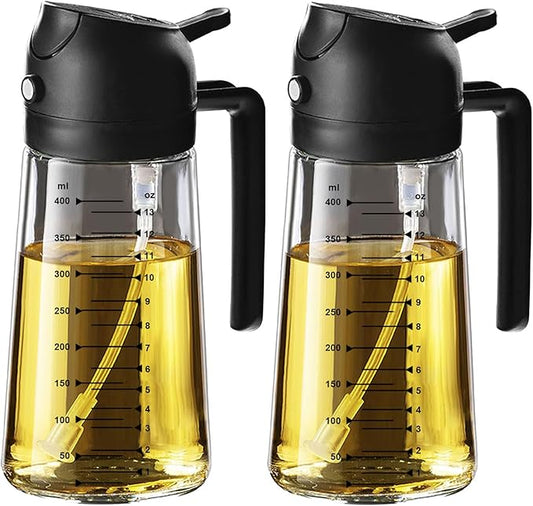 TrendPlain 16oz/470ml Glass Olive Oil Sprayer for Cooking – 2 in 1 Olive Oil Dispenser Bottle for Kitchen Gadgets and Air Fryer Accessories, Salad, BBQ - 2 Black by TrendPlain