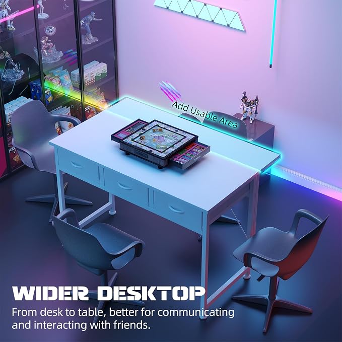 MUTUN Computer Desk with Drawers, 40 Inch Computer Desk with Power Outlet & LED Light, Gaming Desk with Adjustable Monitor Stand & Pegboard, Modern PC Study Writing Table for Bedroom, White - Image 7