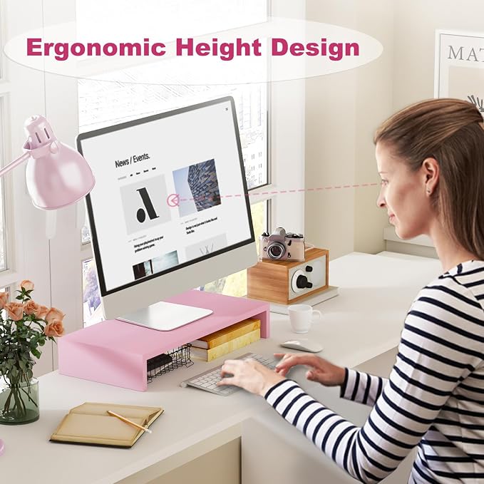 TEAMIX Pink Monitor Riser-20L inch, Wood Monitor Stand for Desk, Sturdy TV/Screen/PC/Printer/Laptop Riser,Computer Shelf with Storage TV Holder for Home Office (Pink, 20 inch) - Image 3