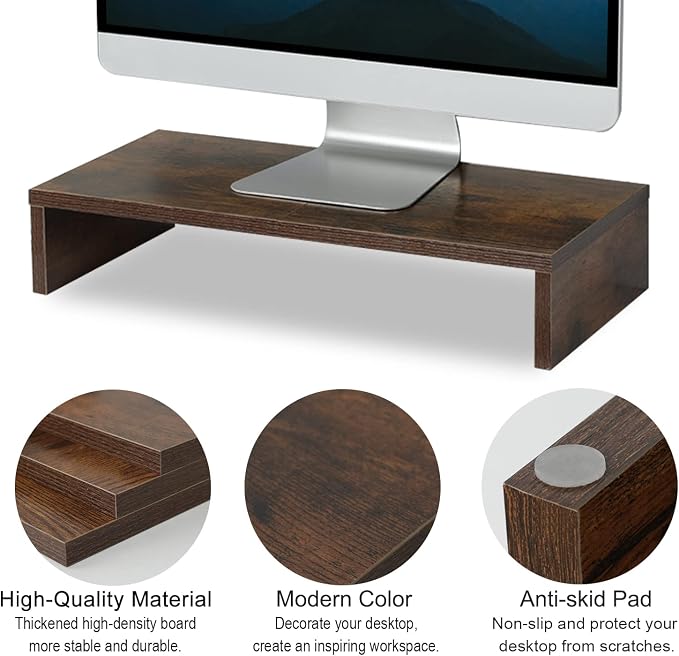TEAMIX 20 Inch Monitor Stand Riser, Wooden Desktop Riser for TV/PC/Laptop/Printer, Rustic Brown Monitor Riser with Storage, Computer Stand Keyboard Organizer - Image 4