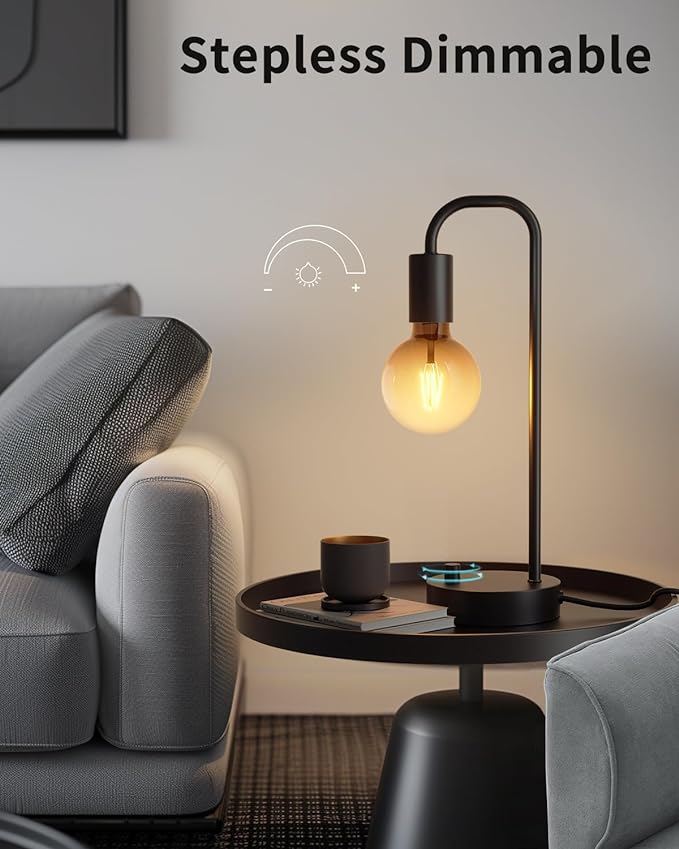 ONEWISH Industrial Table Lamp with 2 USB Port, Fully Dimmable Nightstand Bedside Lamps for Bedroom,Desk Lamps with 2700K Black Gradient Bulb for Reading Living Room,Office - Image 3