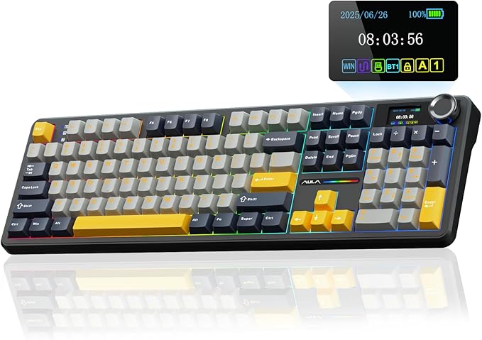 AULA F108 PRO - Wireless Mechanical Keyboard with Screen&Knob,Hot Swappable Gaming Keyboard with 8000mAh Battery,Pre-lubed Switches,RGB Backlit,PBT Keycaps Creamy Sounding Computer Keyboards,104 Keys by AULA