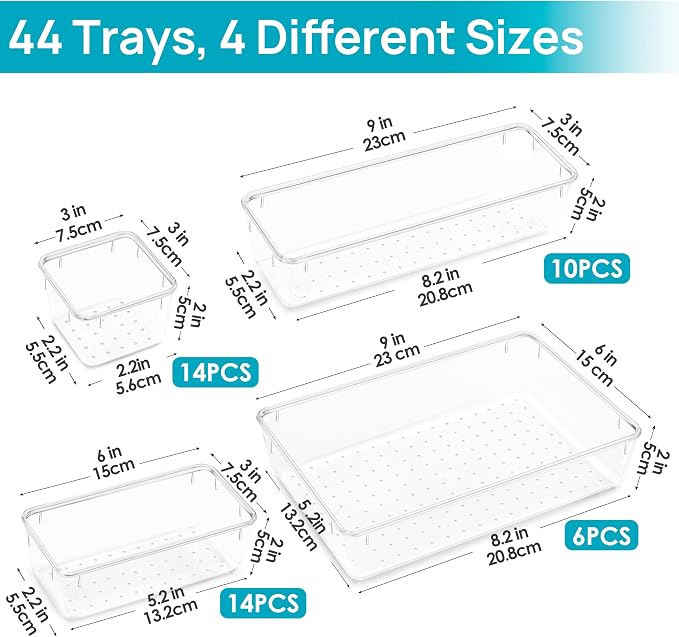 Vtopmart 44 PCS Clear Plastic Drawer Organizers Set, Vanity Organizer Trays | 4-Size Versatile Makeup Organizer, Non-Slip Storage Containers for Makeup, Jewelries, Bedroom，Kitchen Utensils and Office - Image 5