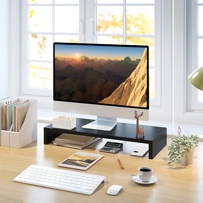 TEAMIX 20 Inch Monitor Stand Riser, Black Desktop Stand for PC/TV/Laptop/Printer, Wood Monitor Riser with Storage, Computer Stand Keyboard Organizer - Image 8