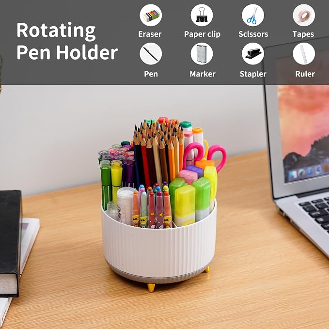 Marbrasse Desk Organizer, 360-Degree Rotating Pen Holder, Desk Organizers and Accessories with 5 Compartments Pencil Holder, Art Supply Storage Box Caddy for Office, Home (White+Grey) - Image 3