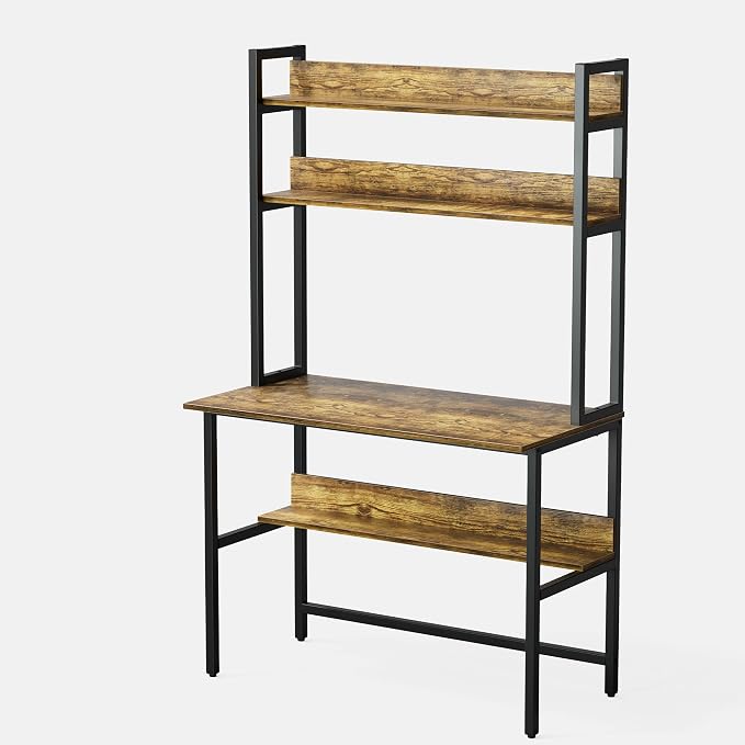 Aquzee Computer Desk with Hutch, 40“W x 19.6" D Desk with Shelves, Tall Home Office Desk with Bookshelf, Metal Legs Study Table with Upper Storage Shelf for Study Writing/Workstation, Brown - Image 7