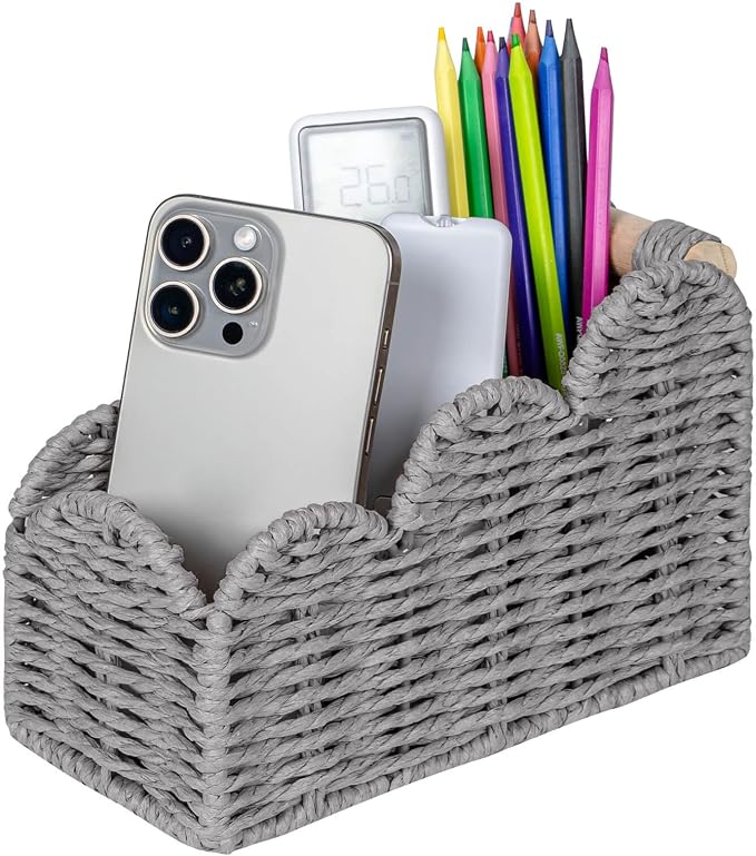 CubesLand Bedside Table Desk Organizer Caddy, Remote Pen&Pencil Holder Cup | Makeup Brush Holder w/Scalloped Perfect for Home, Office Desk, Living Room Table Decor, 3 Slots Grey by CubesLand