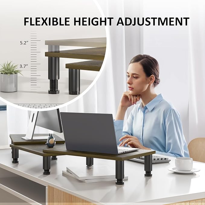AX WABER Dual Monitor Stand Riser, Monitor Stand with Adjustable Length and Angle, Wood Monitor Stand for Desk, Monitor Riser for 2 Monitors with Storage Space - Image 2