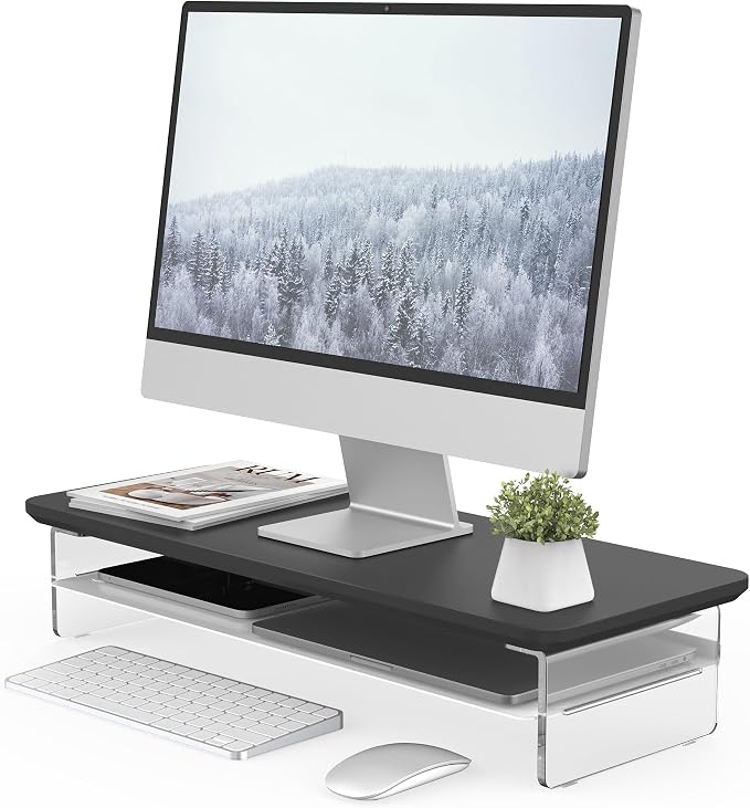 Fenge 23.6" Monitor Stand with Clear Acrylic Legs, Black | Clear acrylic, storage compartment, 2-tier home office monitor riser, wide large desktop shelf fit monitor/laptop/printer by Fenge