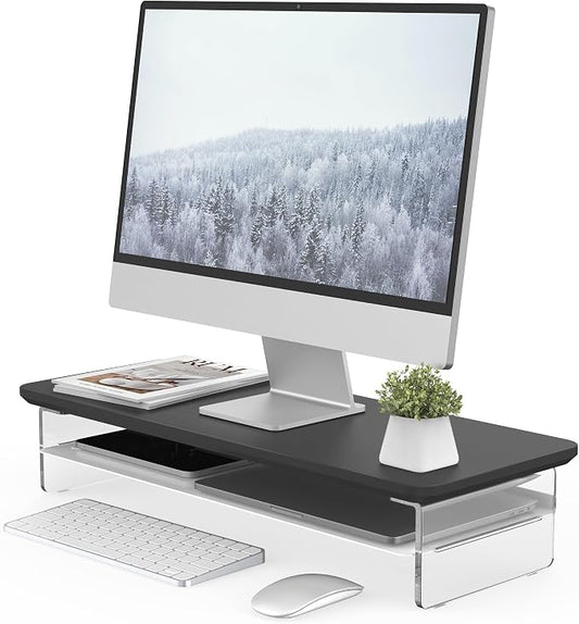 Fenge 23.6" Monitor Stand with Clear Acrylic Legs, Black | Clear acrylic, storage compartment, 2-tier home office monitor riser, wide large desktop shelf fit monitor/laptop/printer by Fenge