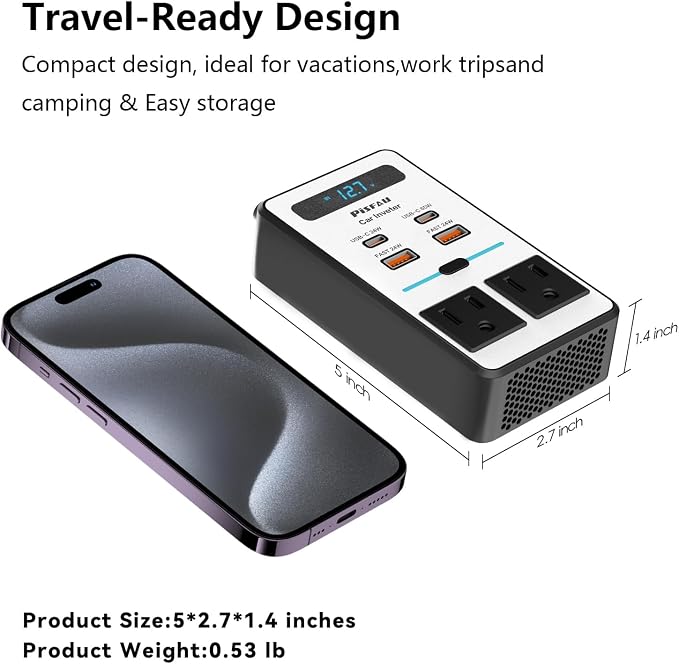 200W Car Power Inverter DC 12V to 110V AC,Cigarette Lighter Adapter Plug with [65W USB-C]/USB-Fast Charger 24W/Multiple USB/Laptop car Charger with Voltage Display - Image 5
