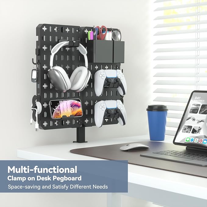 KDD 7 in 1 Clamp-on Desk Pegboard - No Drill Desk Side Storage with Phone Stand/Pen Holder/Storage Box/Headset & Controller Holder/Hooks, Detachable Gaming Pegboard for Office & Home Desktop Organizer - Image 2