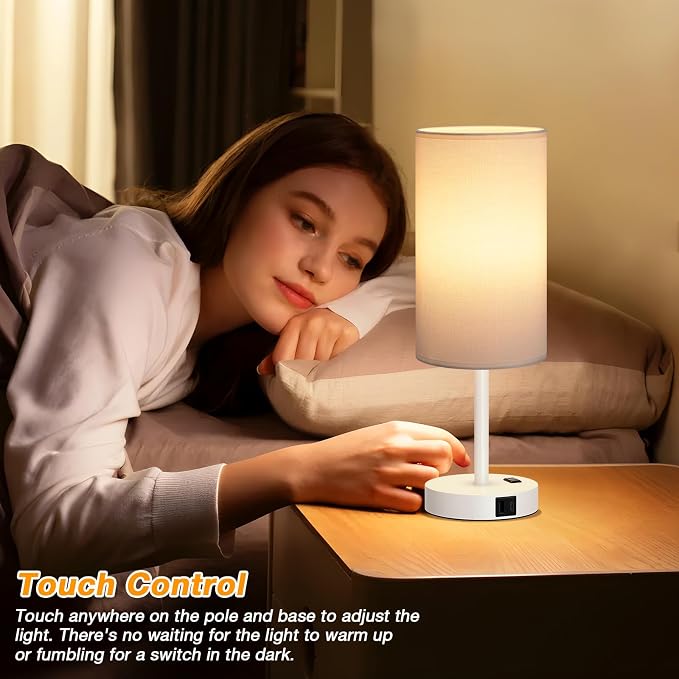 Dicoool 17.4" Bedside Lamp for Bedroom - Dimmable Touch, USB A+C, AC Outlet | LED Bulb Included, 3-Way Dimmable, 17.4" Table Lamp for Living Room, Dorm, White Fabric Lampshade, White Metal Base - Image 2