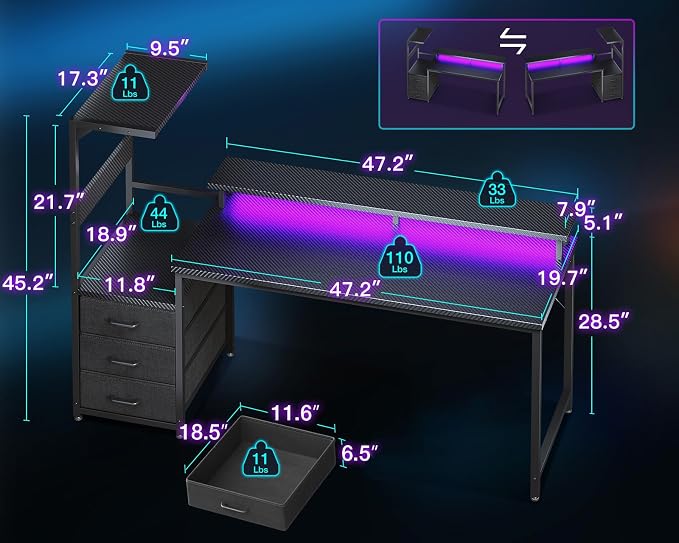 AODK Gaming Desk w/PC Showcase Stand, 59" Reversible, RGB LED, Black | Elevated stand fits Lian Li O11, Hyte Y60. Triple drawers hide cables, controllers, clutter - Image 3