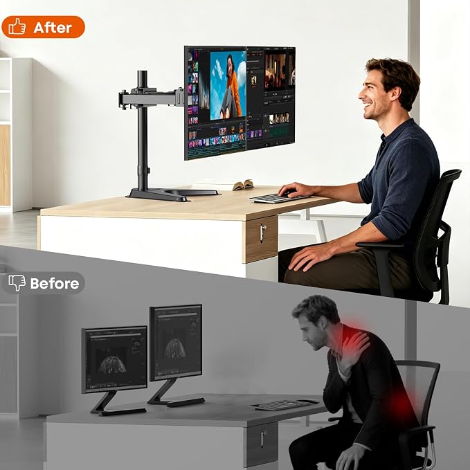 Dual Monitor Stand fits 17-32 inch, Free Standing Heavy Duty Monitor Mount | Precise Slide, Tilt, Swivel, Rotate and Height Adjust, 19.8 lbs per Arm, VESA 75/100mm - Image 7