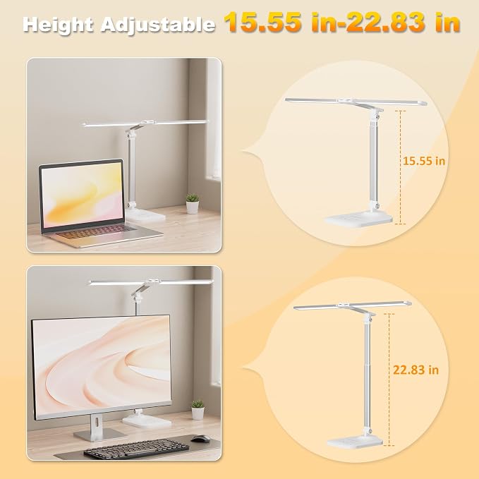 LED Desk Lamp for Office Home, Height Adjustable Architect Desk Light with USB Adapter, Stepless Dimming 50 Lighting Modes, Eye Caring Double Head Computer Desk Lamp for Reading, Study, Workbench - Image 6