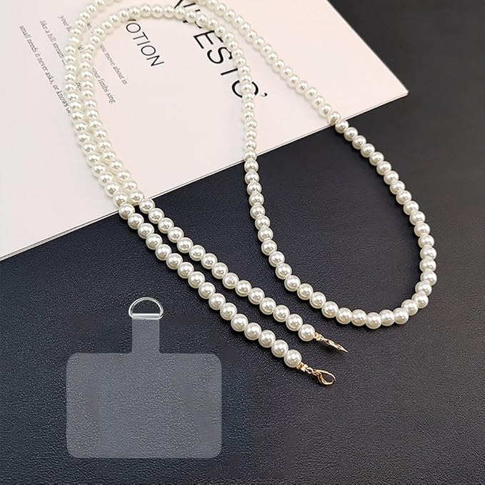Phone Chain Crossbody Pearl Strap, Pearl Beaded Chain Shoulder Crossbody Lanyard with Phone Tether Patches Compatible with Most Phones Bag Purse - Image 5