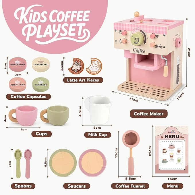 Dreamon Toy Coffee Maker Wooden Kitchen Accessories for Kids Pretend Play | Realistic Kids Coffee Playset with Moving Parts, Montessori Kitchen Toys for 3 4 5 Year Old Boys & Girls Birthday Gifts, Pink - Image 5