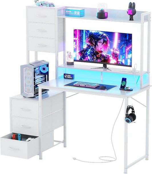 MUTUN 47 Inch Computer Gaming Desk with Hutch Power Outlet and LED Strip, Home Office Work Study Writing Desk with 6 Fabric Drawers and Storage for Bedroom, Escritorios para Computadoras, White by MUTUN