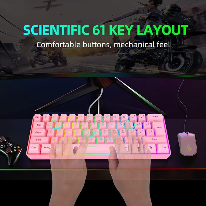 Snpurdiri 60% Wired Gaming Keyboard, 61 Keys RGB Backlit Ultra-Compact Mini Gaming Keyboard for PC/Mac Gamer, Typist, Travel, Easy to Carry on Business Trip(Pink) | Backlit Ultra-Compact Mini Gaming Keyboard for PC/Mac Gamer, Typist, Travel, Easy to Ca... - Image 3
