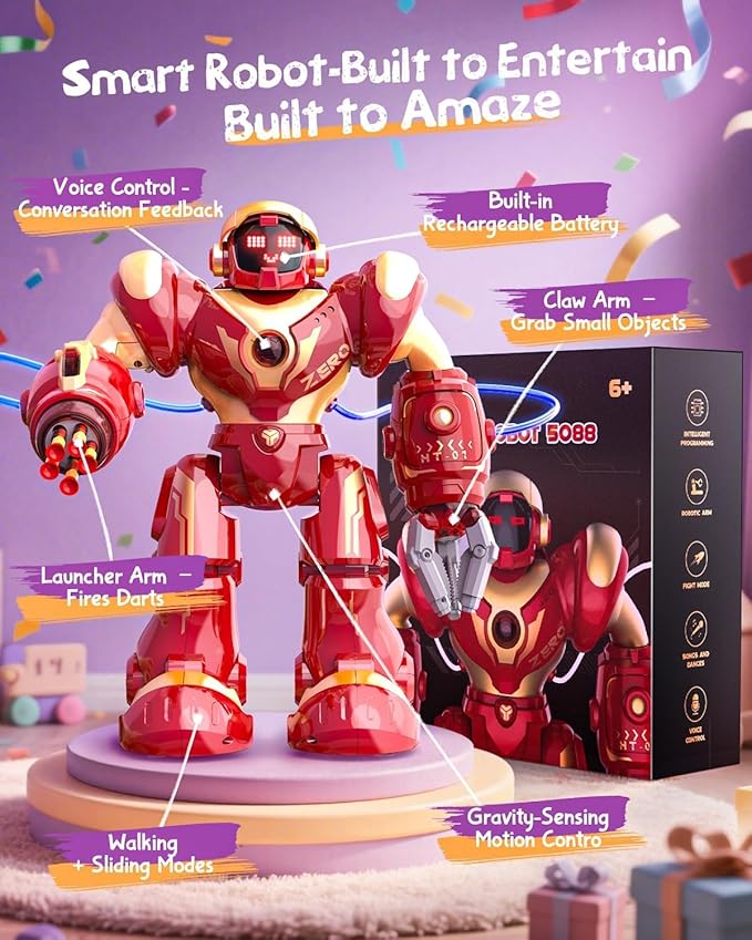 Holyton 5088 Smart Robot for Kids, Programmable Remote Control Robot | 15.7" Large Robot, Voice, App & Remote Control, Grab & Foam Dart Launcher, Music & Dancing, STEM Toy, Gift for Kids Ages 5-12 - Image 5