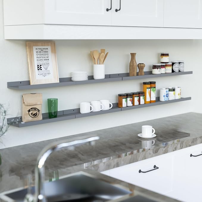 RICHER HOUSE 8 Set Floating Wall Mounted Shelves, Nursery Hanging Book Shelves with Lip for Storage, Gray Display Picture Ledge Shelf for Bedroom Bathroom Kitchen Living Room Wall Decor, Modern Grey | Display Picture Ledge Shelf, Anti-drop lip Shelf fo... - Image 5