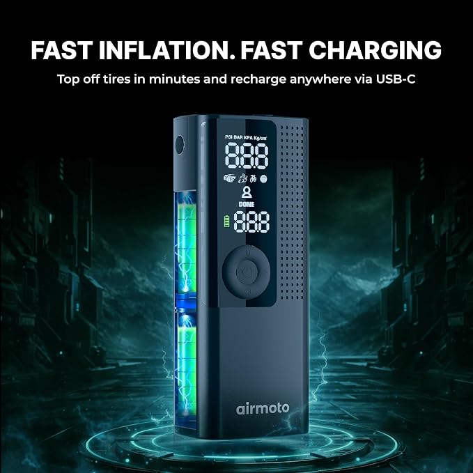 Airmoto Tire Inflator Portable Air Compressor - Air Pump For Car Tires with Digital Pressure Gauge, LED Light and Auto Shut-Off Function - Cordless Pump for Car, Motorcycle, Bicycle, Ball - Image 6