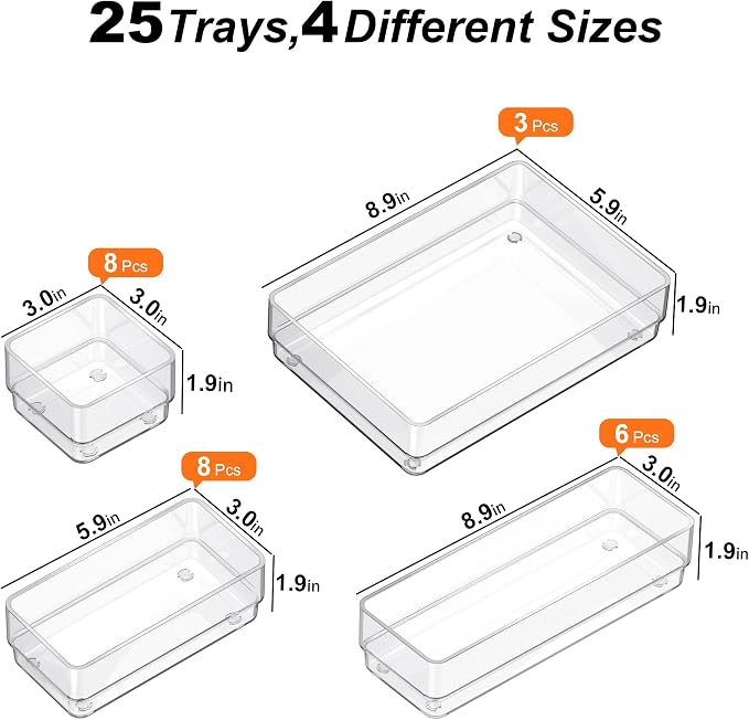SMARTAKE 25 PCS Drawer Organizer, 4-Size Desk Drawer Organizer Trays | Storage Tray with Non-Slip Silicone Pads for Makeup, Jewelries, Utensils in Bedroom Dresser, Office and Kitchen (Clear) - Image 2