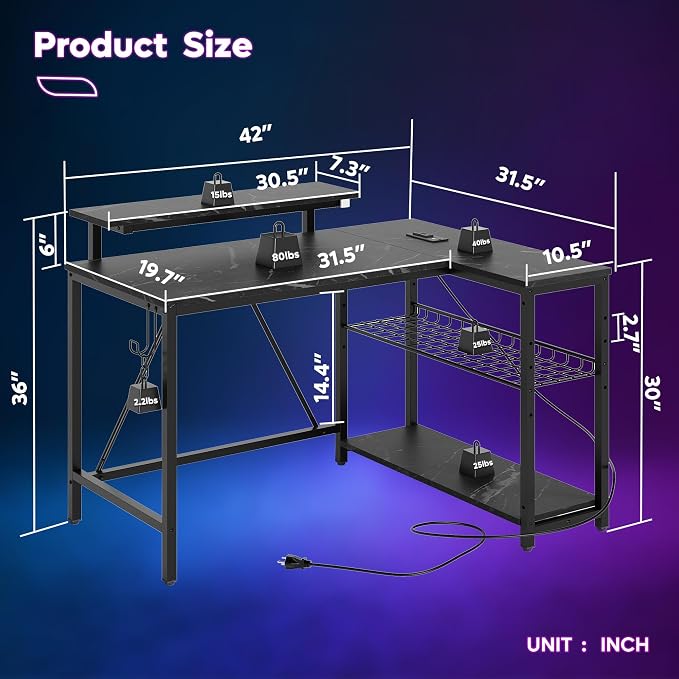 Bestier 42-Inch L-Shaped Gaming Desk with Charging & LED, Marble Black | Charging 2AC+USB+Type-C, RGB LED 7 Colors/20 Modes, Reversible Shelves, 3D Carbon Fiber, Headphone Hook, Small Space - Image 3