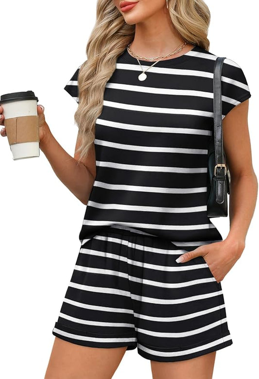WIHOLL 2 Piece Sets for Women Casual Summer Travel Vacation Outfits Cap Sleeve Shorts Lounge Set by WIHOLL