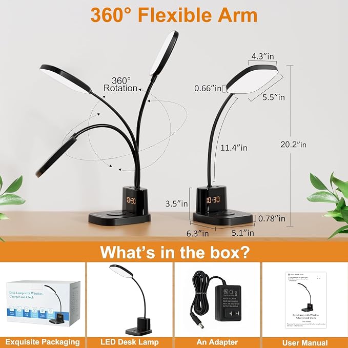 10W Wireless Charging LED Desk Lamp with Clock, Light Black | CRI 95, 800LM, Stepless Dimming, 3 Modes, 360°Flexible Arm, Touch, Study Table Lamp for Home Office, Dorm Room, with Adapter - Image 6