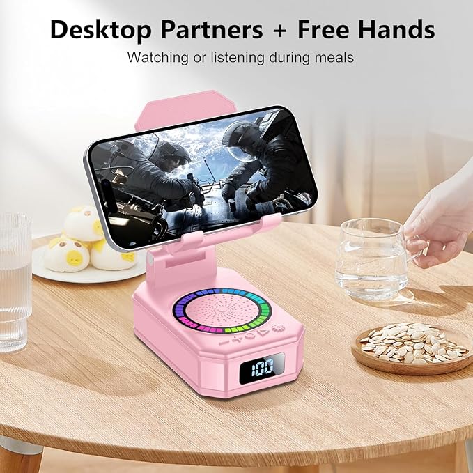 Gifts for Women, Phone Stand with Wireless Bluetooth Speaker and Anti-Slip Base, Gadgets for Anniversary Idea Gift, Phone Charger Stand with LED Lights, Kitchen Gadget Compatible with IOS Android - Image 5