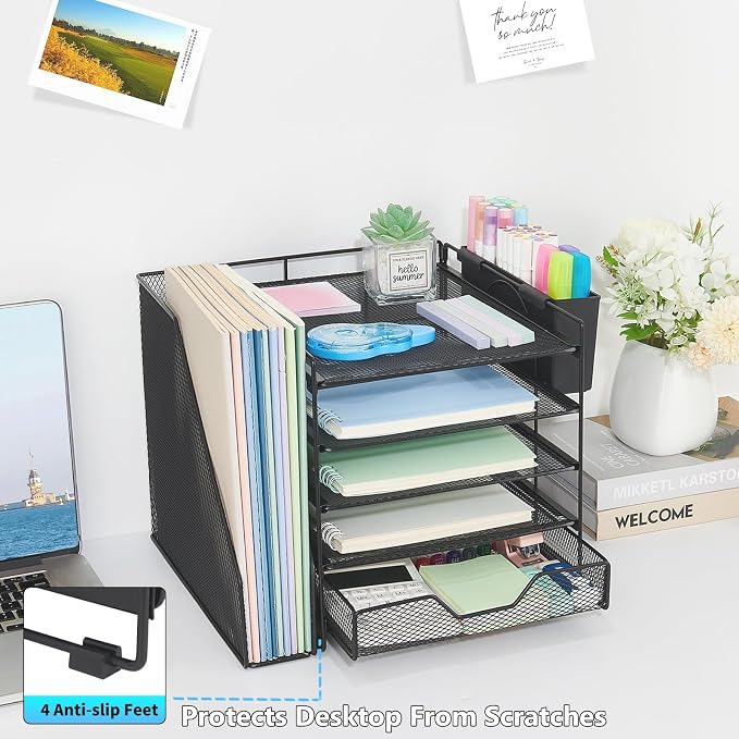Desk Organizers and Accessories, 5-Tier Paper Letter Tray Organizer with File Holder, Drawer & Pen Holder, Office Desk Accessories, Desktop Organizer for Classroom Office Supplies, Black - Image 5