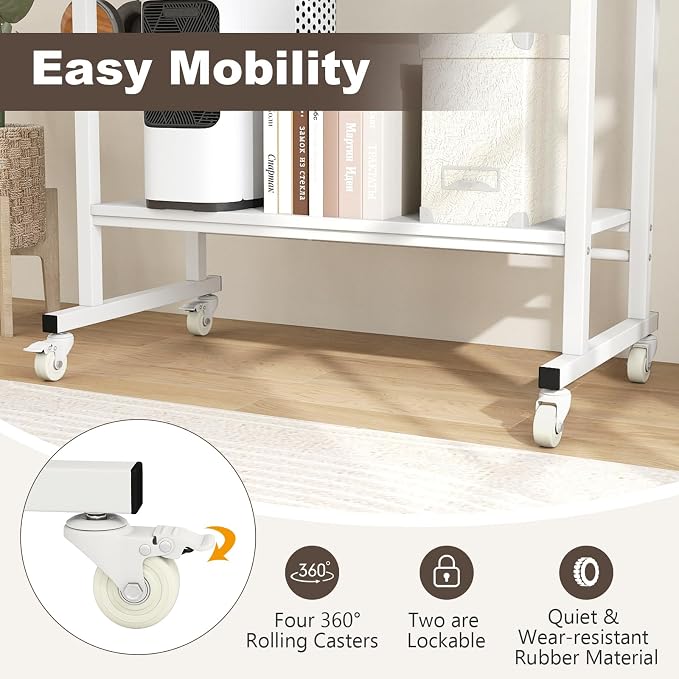 Tangkula Rolling Computer Desk Cart with Keyboard Tray, Mobile Portable Laptop PC Desk with CPU Stand & 3 Hooks for Sofa & Bed, Compact Small Desk on Wheels for Small Spaces (White) - Image 8