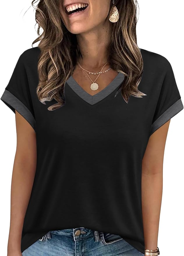 WIHOLL Womens Summer Tops 2026 Cap Short Sleeve Shirs V Neck T Shirts Fashion Beach Vacation Clothes Color Block - Image 3