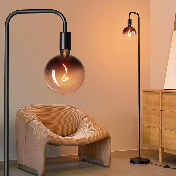 ONEWISH Floor Lamp for Living Room - Minimalist Industrial Standing Lamp with Modern LED Bulb, Globe Black Clear Glass 6", 1800K Warm Ambiant Lighting Decorative Tall Floor Lamp for Bedroom Office by onewish