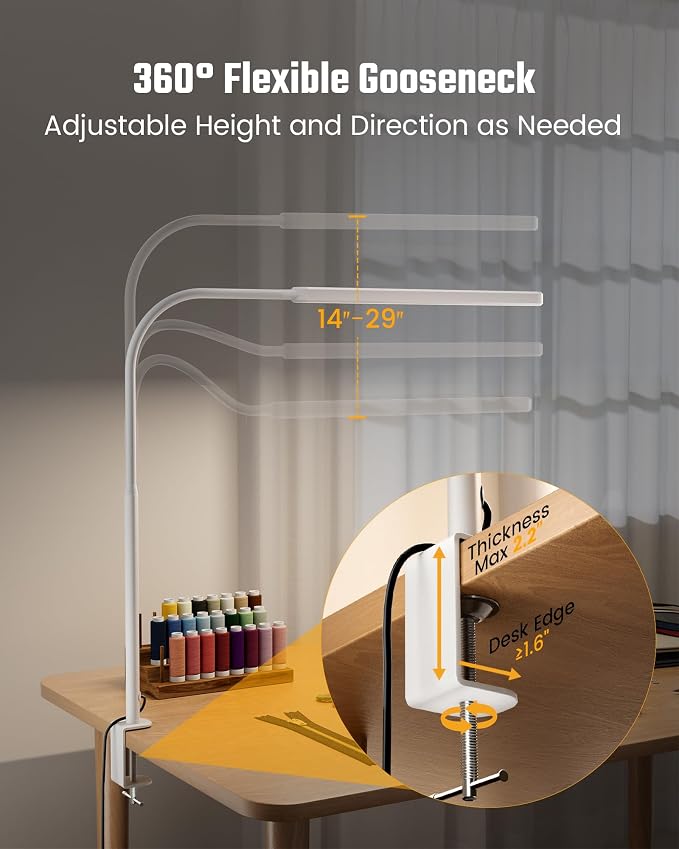 SUPERDANNY Eye-Caring LED Desk Lamp 360° Flexible Gooseneck Work Lamp with Desk Side Clamp Touch Control 3 Light Colors Smooth Dimming Task Lighting Reading Light for Home Office College Dorm, White - Image 7